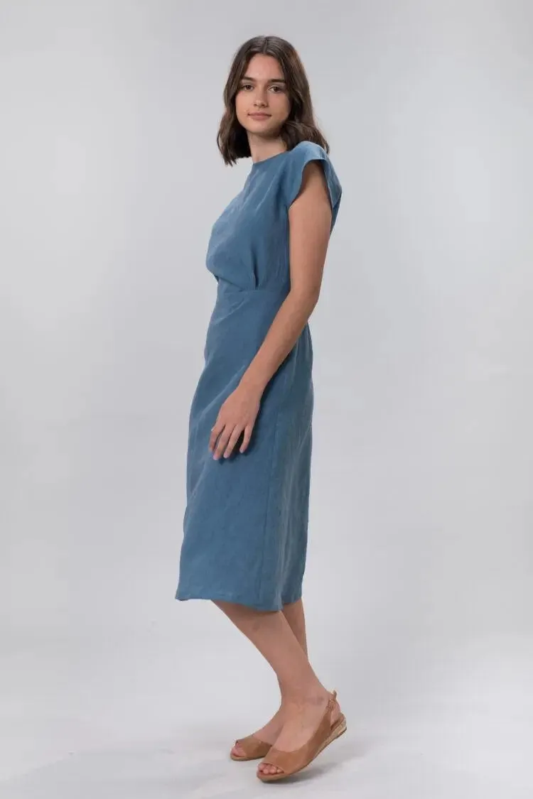 Picnic Linen Dress In Sky by Wilga Clothing