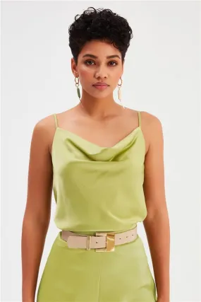 Plunging Neck Satin Blouse - Olive