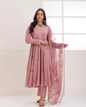 Rangreza Mauve HandPainted Anarkali Suit Set - Set of 3