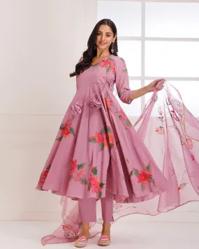 Rangreza Rose Pink HandPainted Anarkali Suit Set - Set of 3