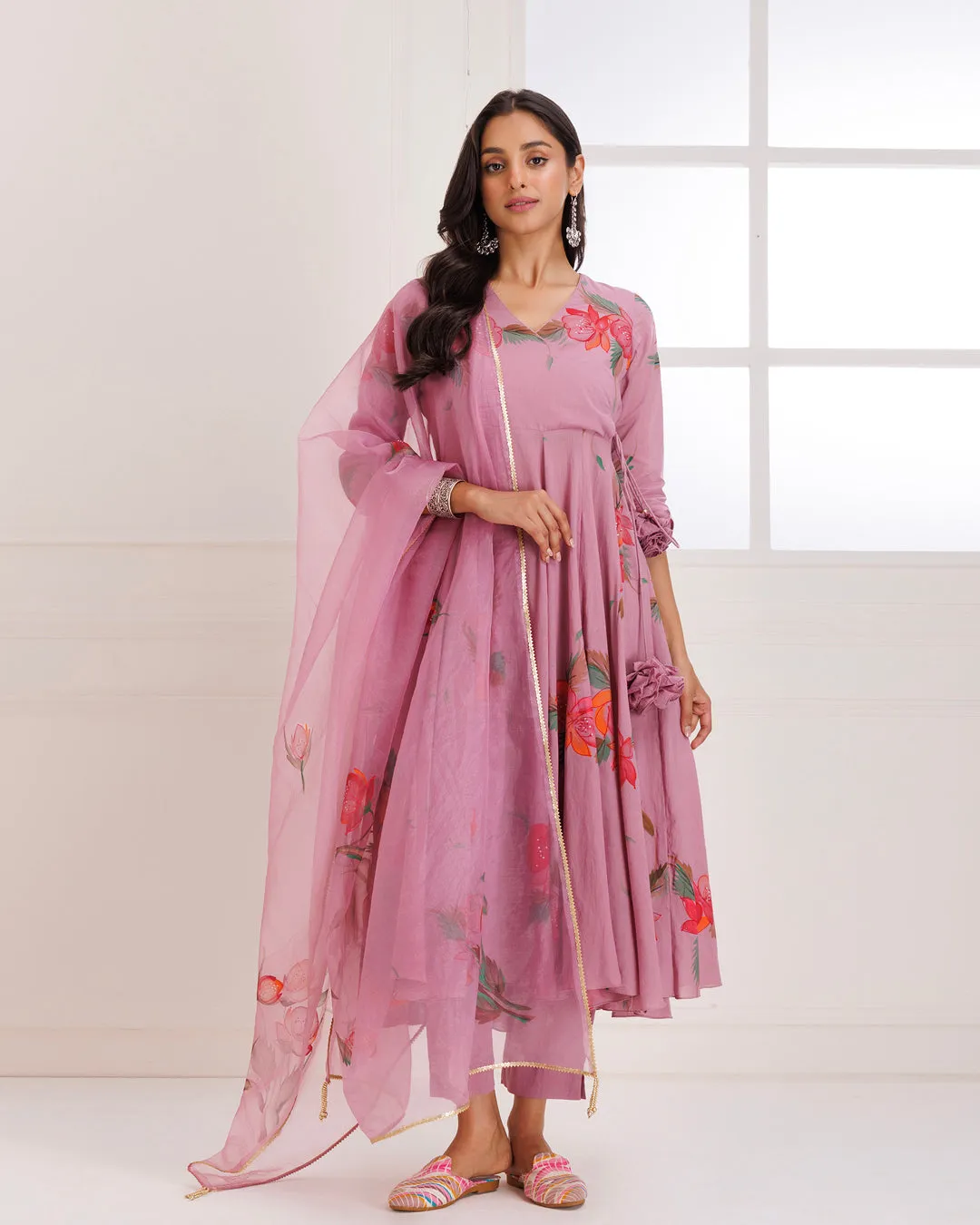 Rangreza Rose Pink HandPainted Anarkali Suit Set - Set of 3