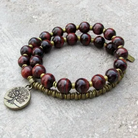 Red Tiger's Eye Gemstone 27 Bead Mala Bracelet with Tree Of Life Charm