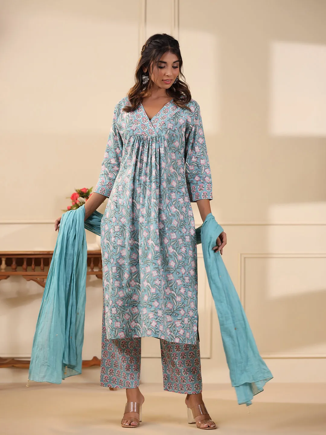 Sadabahaar Aqua & Pink Jaal Handblock Printed Cotton Kurta Pant