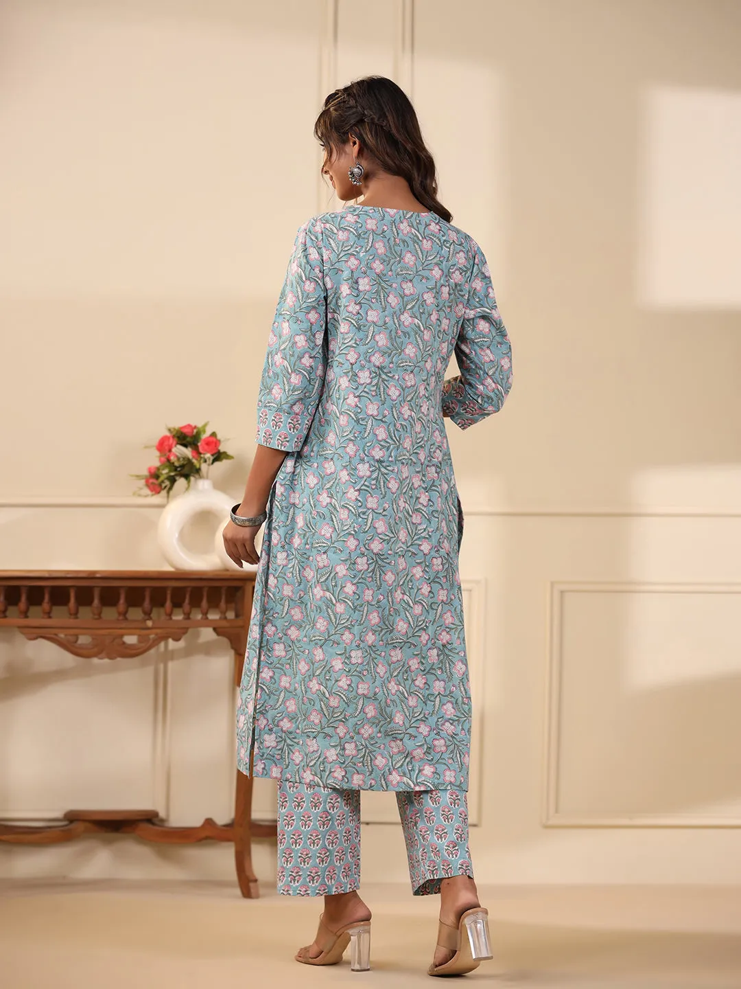 Sadabahaar Aqua & Pink Jaal Handblock Printed Cotton Kurta Pant