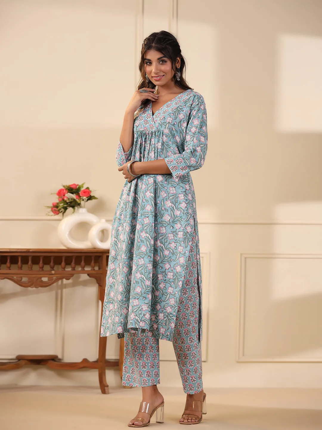 Sadabahaar Aqua & Pink Jaal Handblock Printed Cotton Kurta Pant