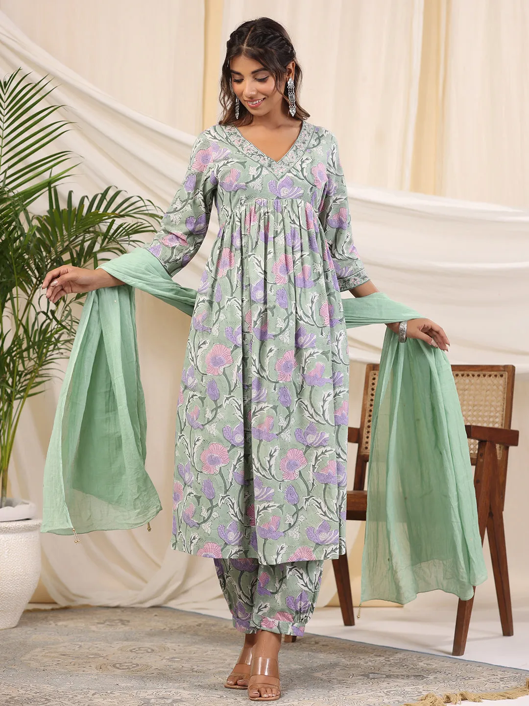 Sadabahaar Sea Green & Pink Jaal Handblock Printed Cotton Kurta Pant Set