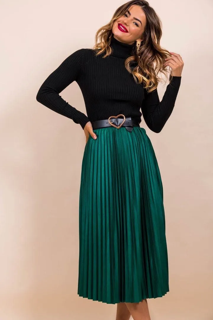 Trendy Shiny Satin Pleated Skirt