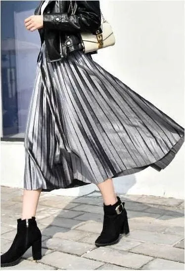 Trendy Shiny Satin Pleated Skirt