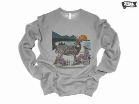 Unisex Fleece Deer Landscape Soft Sweatshirt - Bella Canvas 3901 - Vintage Style - Nature Hiking Gift