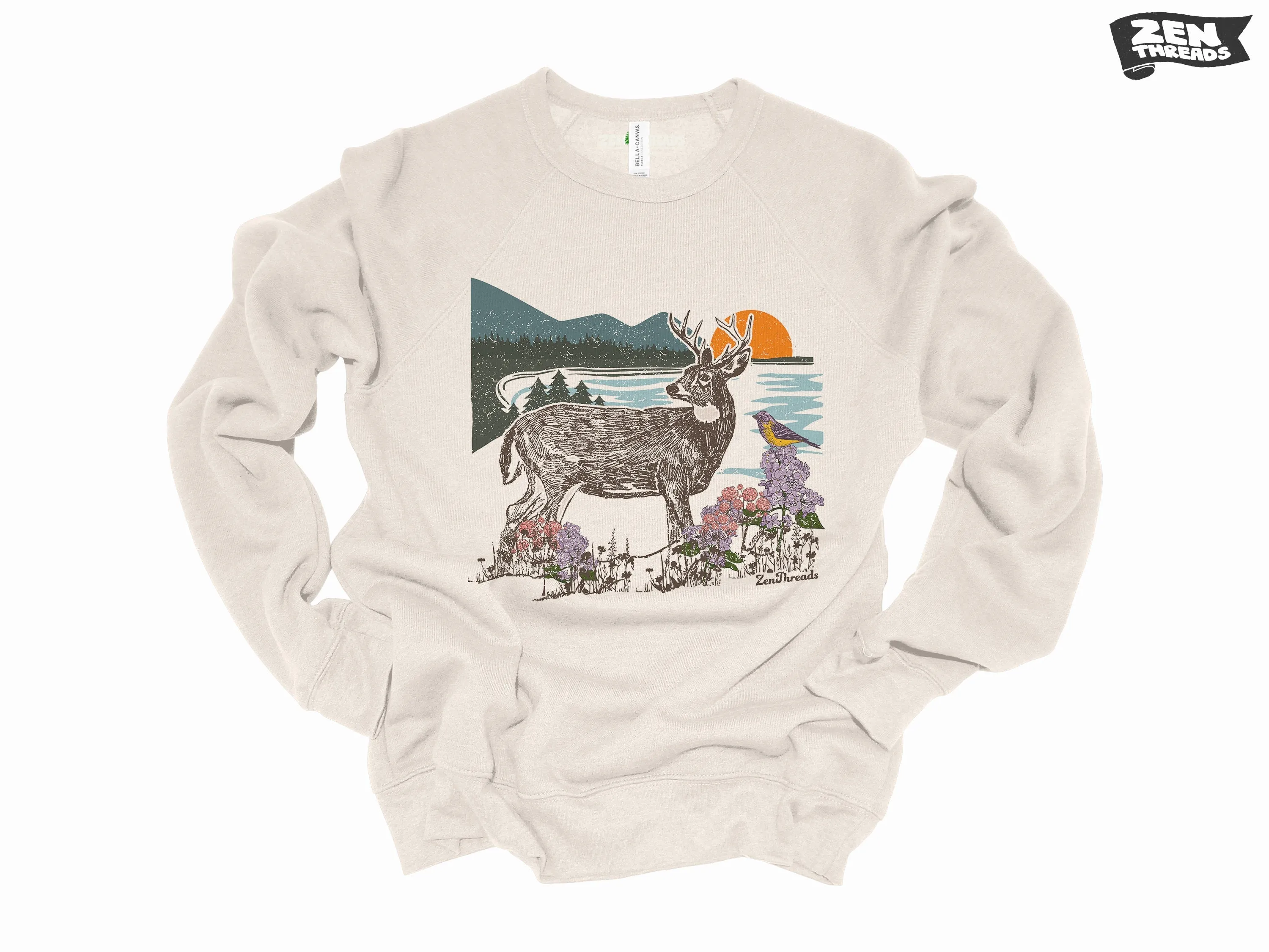 Unisex Fleece Deer Landscape Soft Sweatshirt - Bella Canvas 3901 - Vintage Style - Nature Hiking Gift