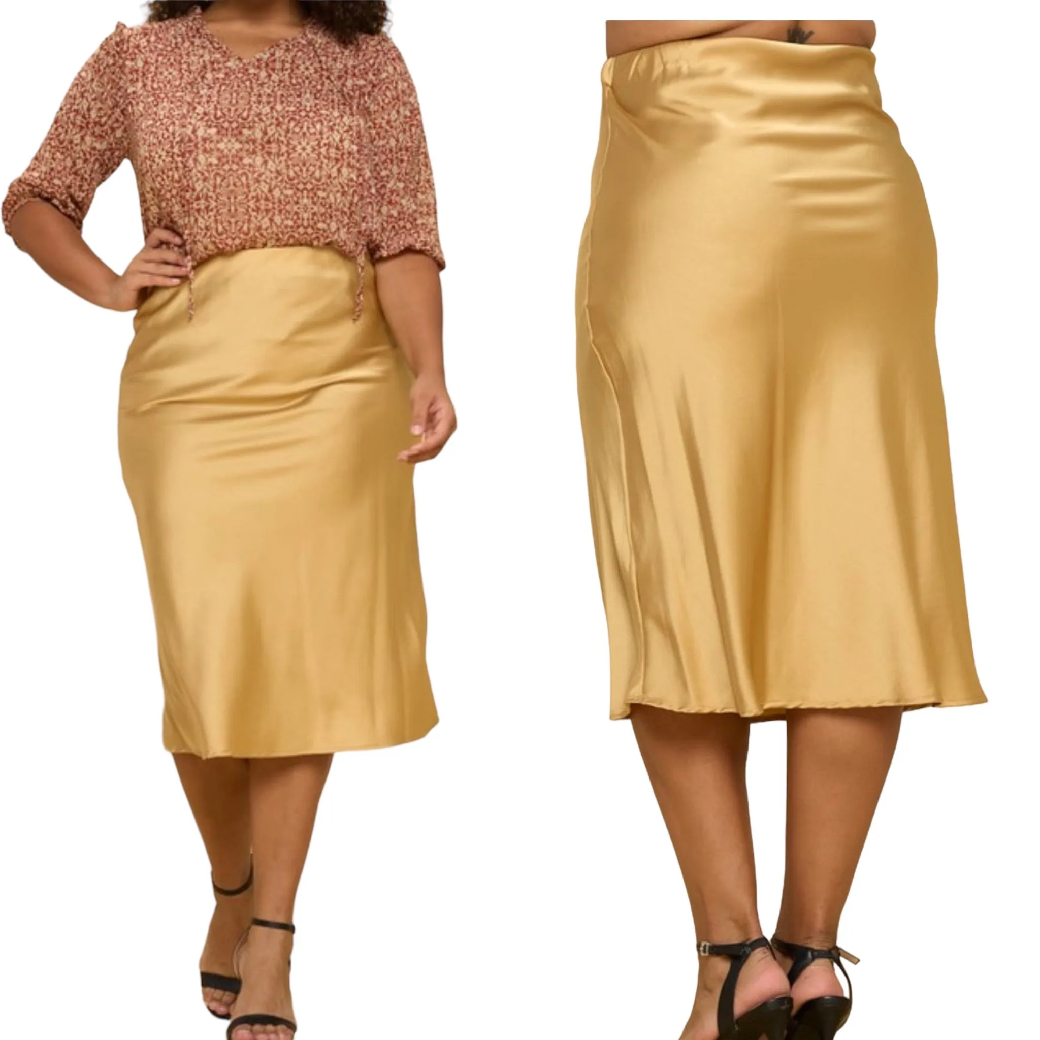 Women's Gold Plus Size Midi Satin Skirt