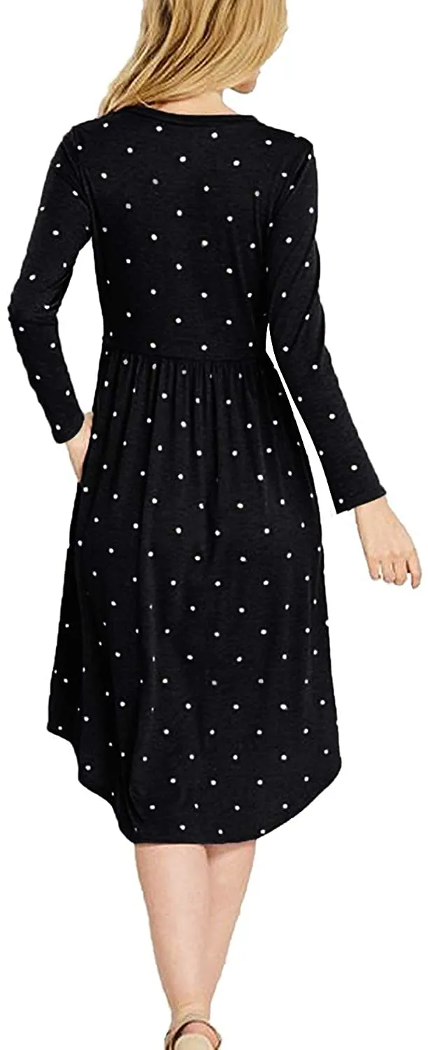 YUNDAI Women Short Sleeve Polka Dot Casual Pockets Swing Pleated Midi Dress Knee Length