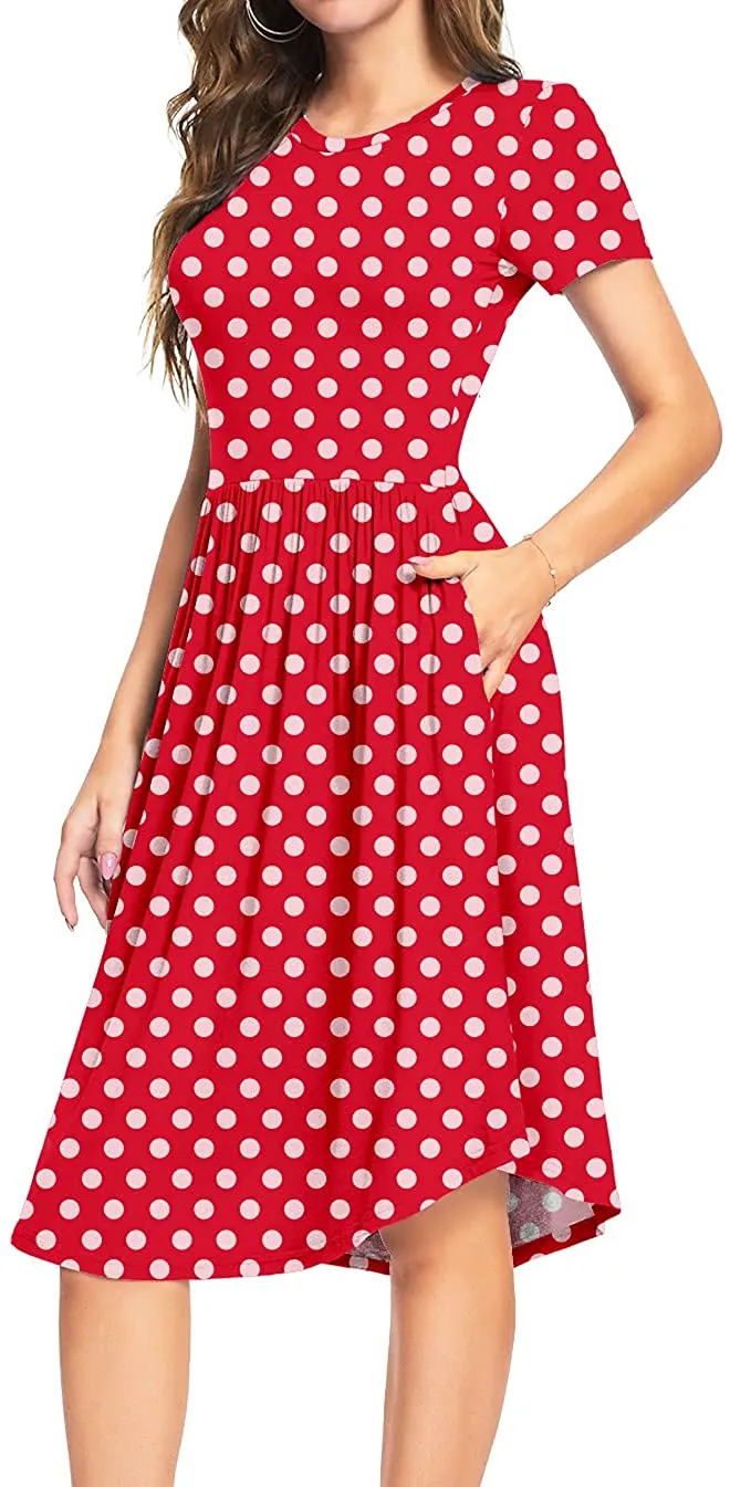 YUNDAI Women Short Sleeve Polka Dot Casual Pockets Swing Pleated Midi Dress Knee Length