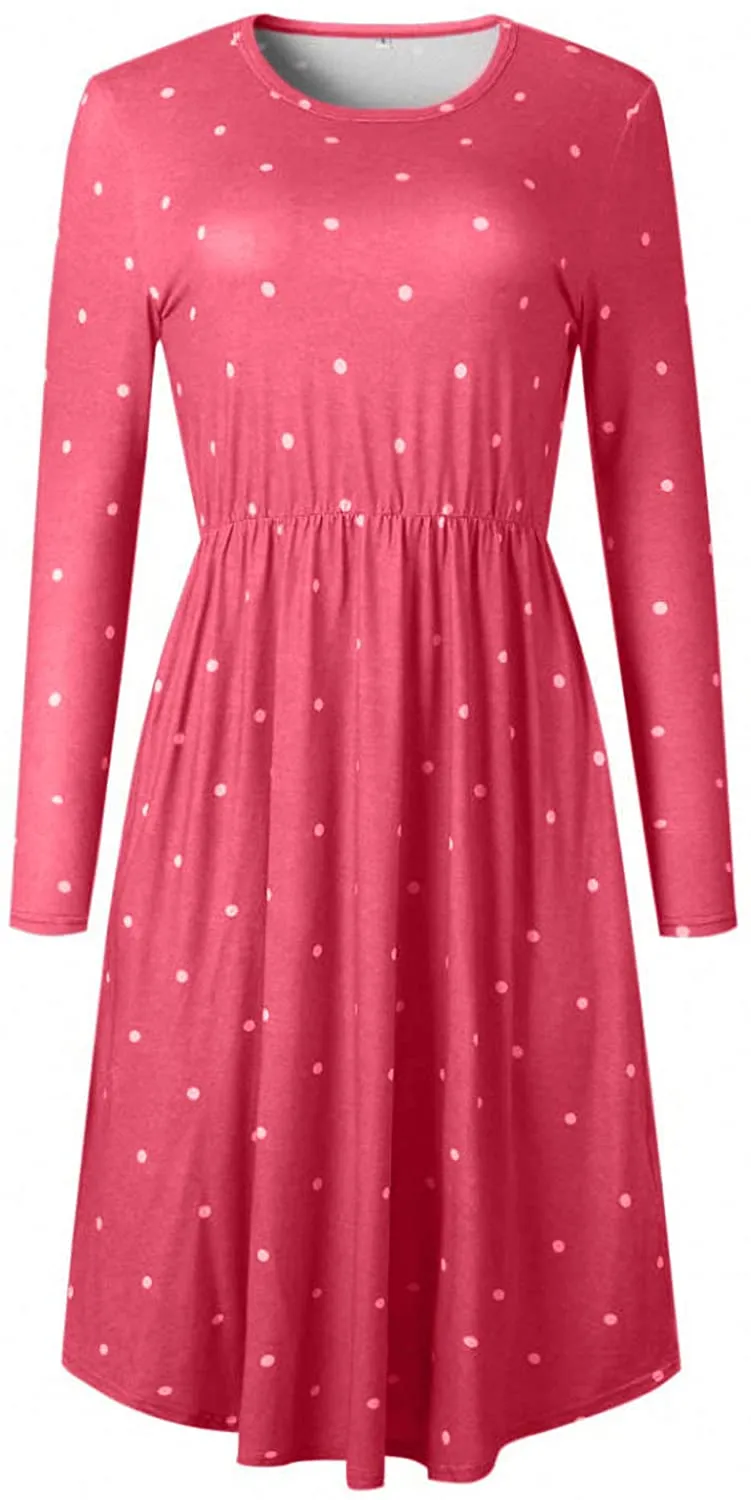 YUNDAI Women Short Sleeve Polka Dot Casual Pockets Swing Pleated Midi Dress Knee Length