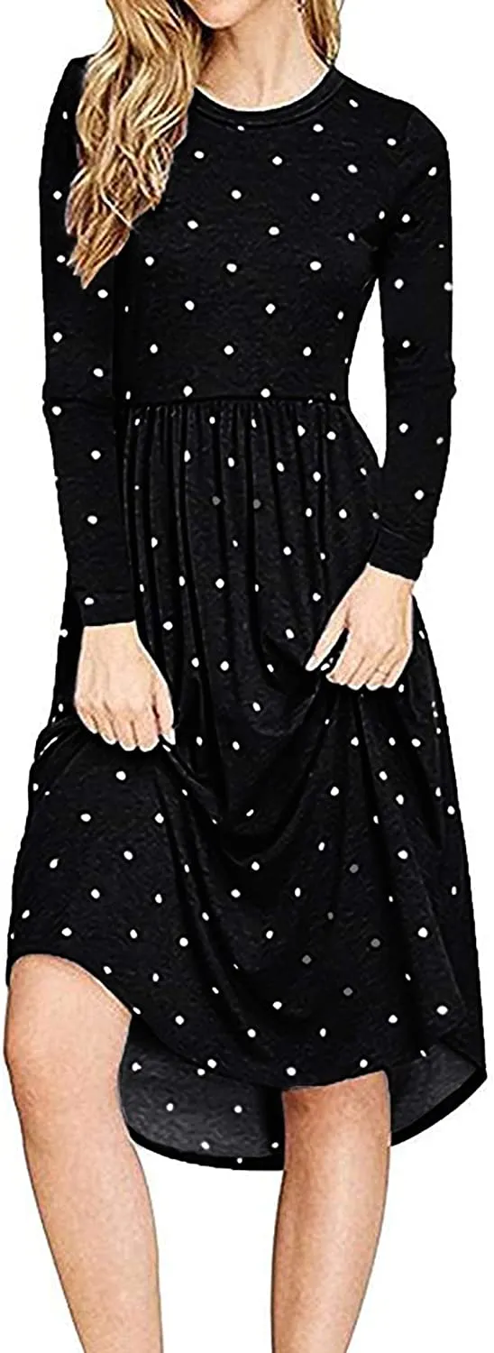 YUNDAI Women Short Sleeve Polka Dot Casual Pockets Swing Pleated Midi Dress Knee Length