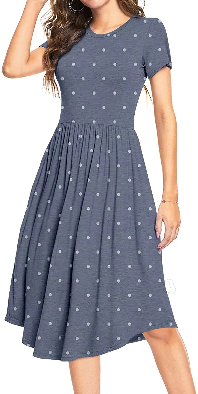 YUNDAI Women Short Sleeve Polka Dot Casual Pockets Swing Pleated Midi Dress Knee Length