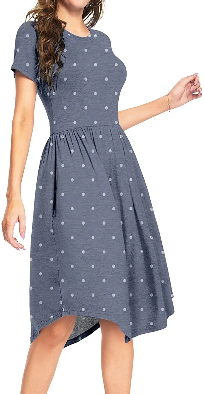 YUNDAI Women Short Sleeve Polka Dot Casual Pockets Swing Pleated Midi Dress Knee Length