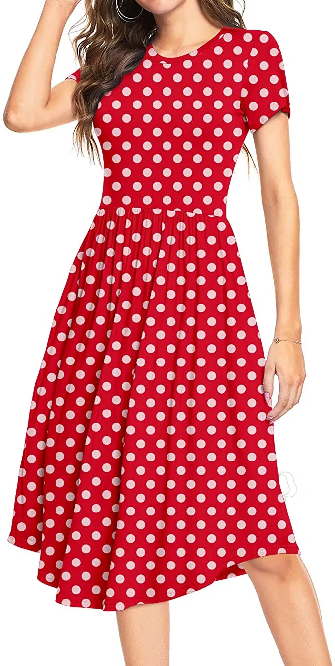 YUNDAI Women Short Sleeve Polka Dot Casual Pockets Swing Pleated Midi Dress Knee Length