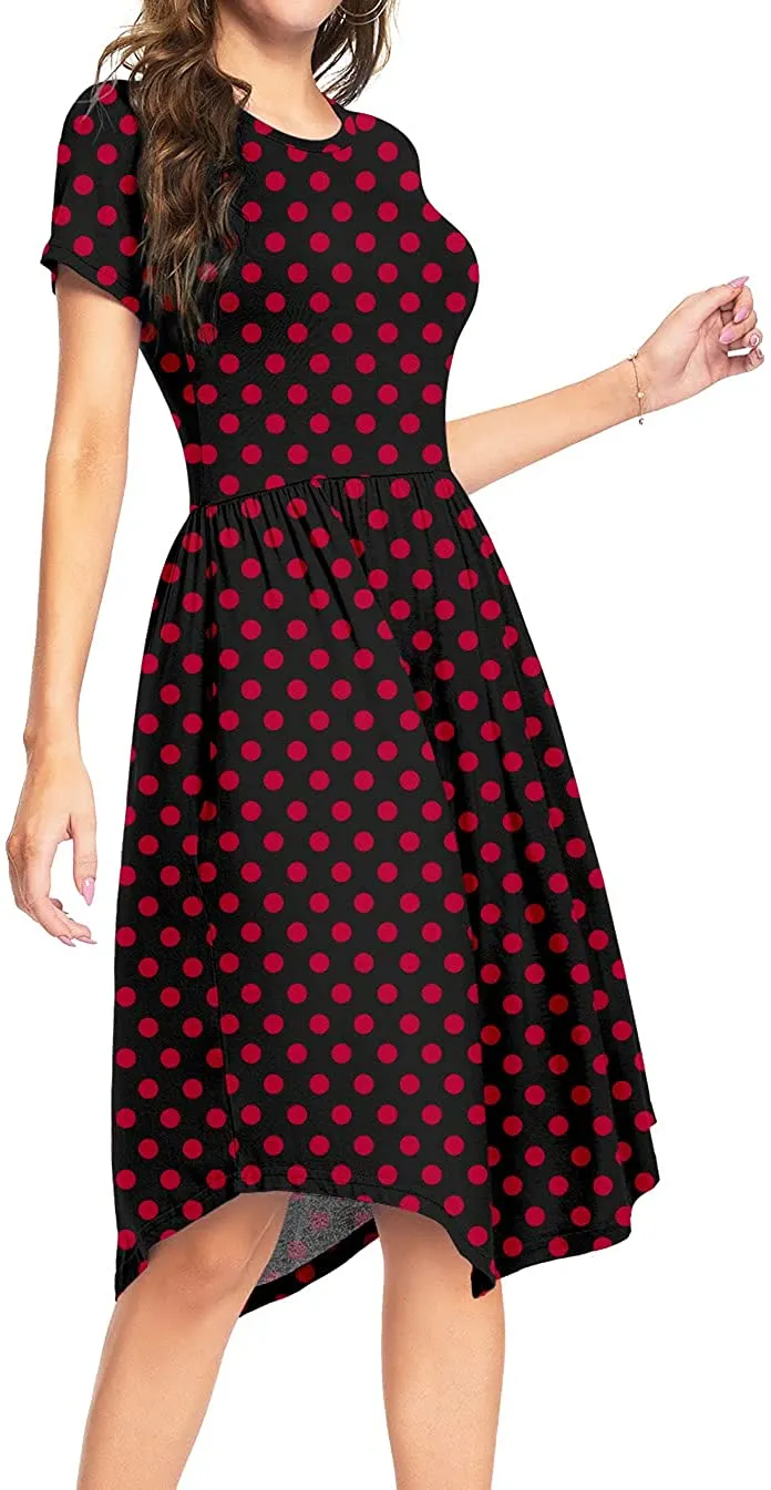 YUNDAI Women Short Sleeve Polka Dot Casual Pockets Swing Pleated Midi Dress Knee Length