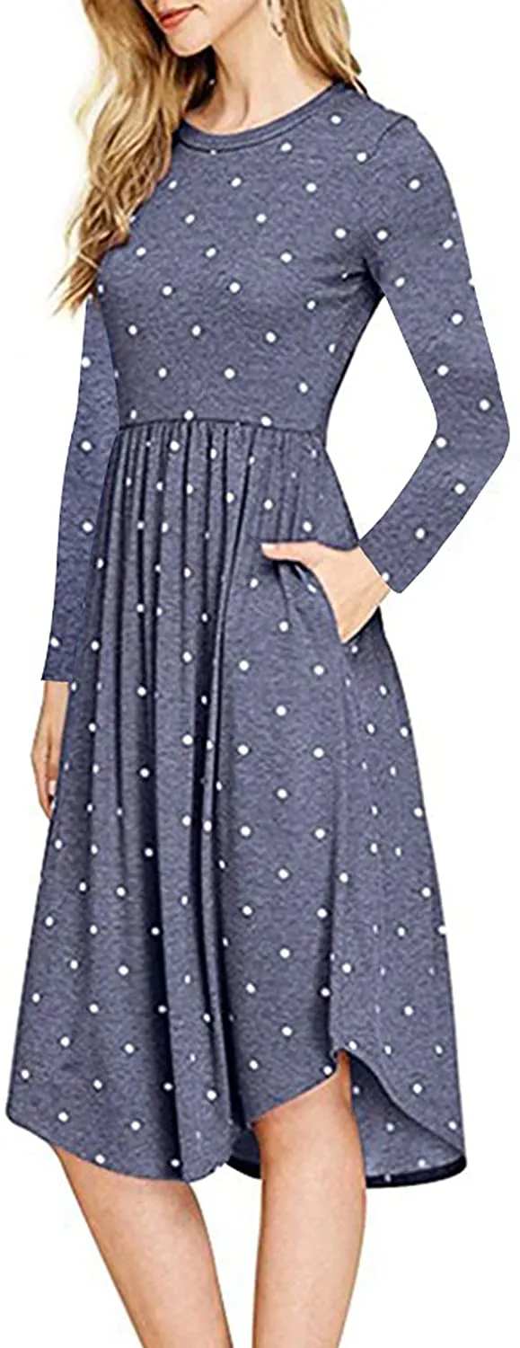 YUNDAI Women Short Sleeve Polka Dot Casual Pockets Swing Pleated Midi Dress Knee Length