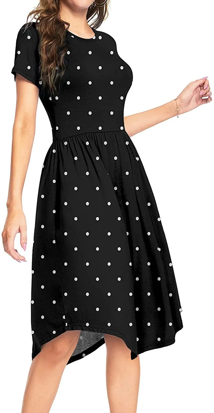 YUNDAI Women Short Sleeve Polka Dot Casual Pockets Swing Pleated Midi Dress Knee Length