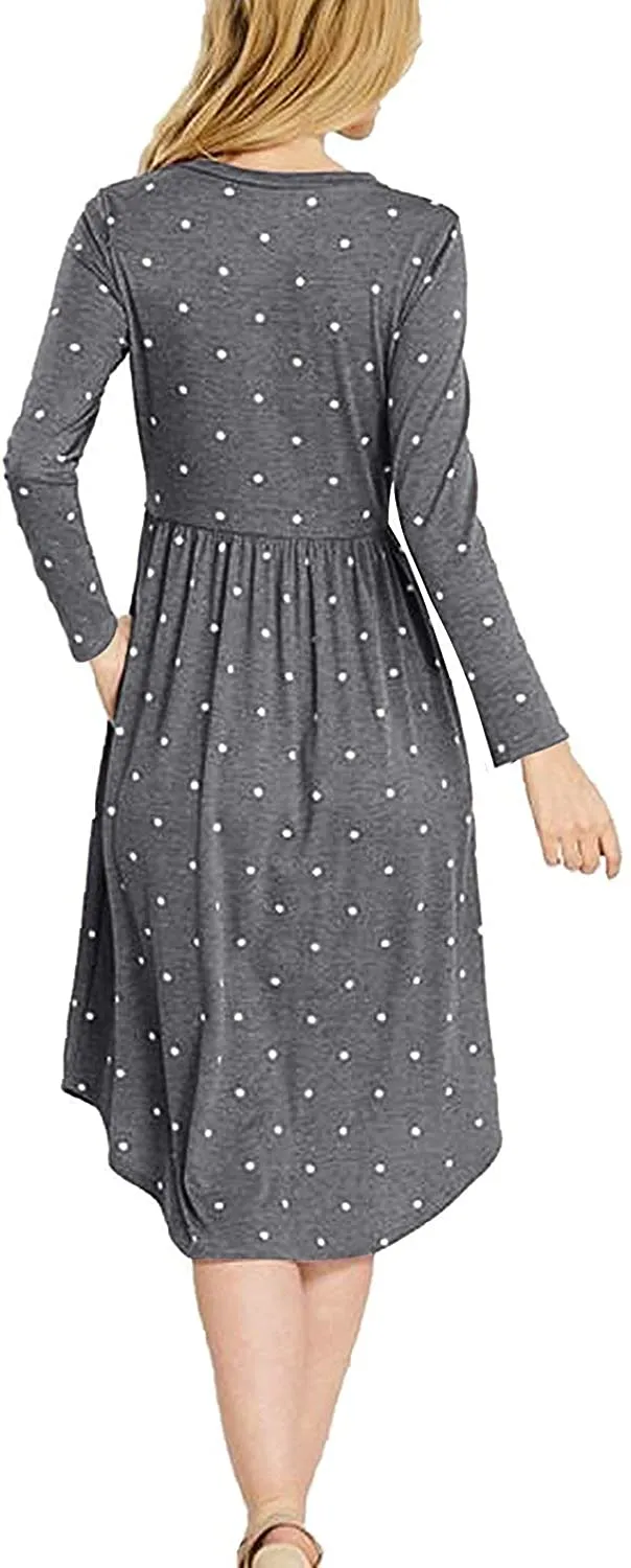 YUNDAI Women Short Sleeve Polka Dot Casual Pockets Swing Pleated Midi Dress Knee Length