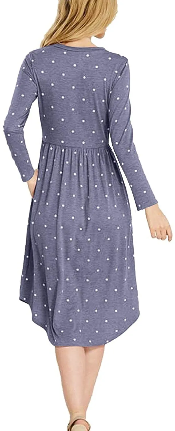 YUNDAI Women Short Sleeve Polka Dot Casual Pockets Swing Pleated Midi Dress Knee Length