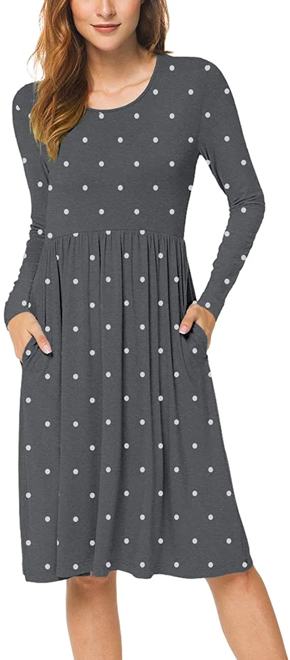 YUNDAI Women Short Sleeve Polka Dot Casual Pockets Swing Pleated Midi Dress Knee Length